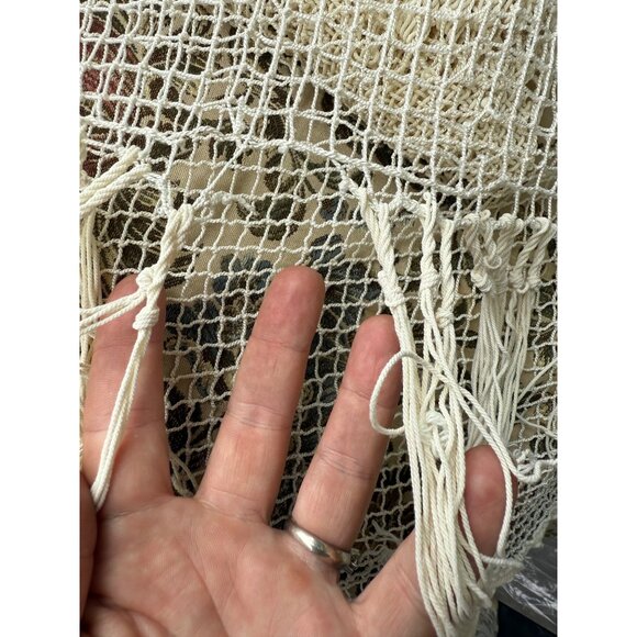 French Antique Ecru Filet Net Panels with Hand Knotted Fringing / Unique 1920s F - Picture 4 of 5